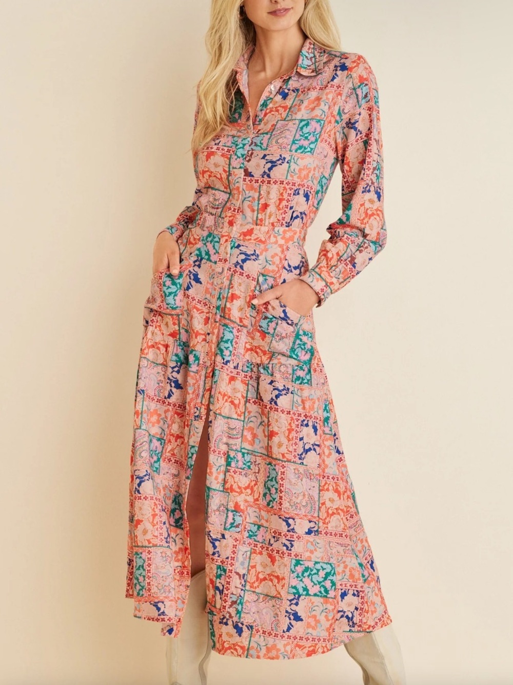 VENUS Patchwork Floral Shirt Dress Size 16 Linen Blend Button Front Boho